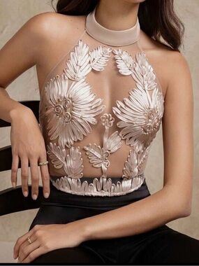Sheer Floral Embroidered Halter Top in Blush